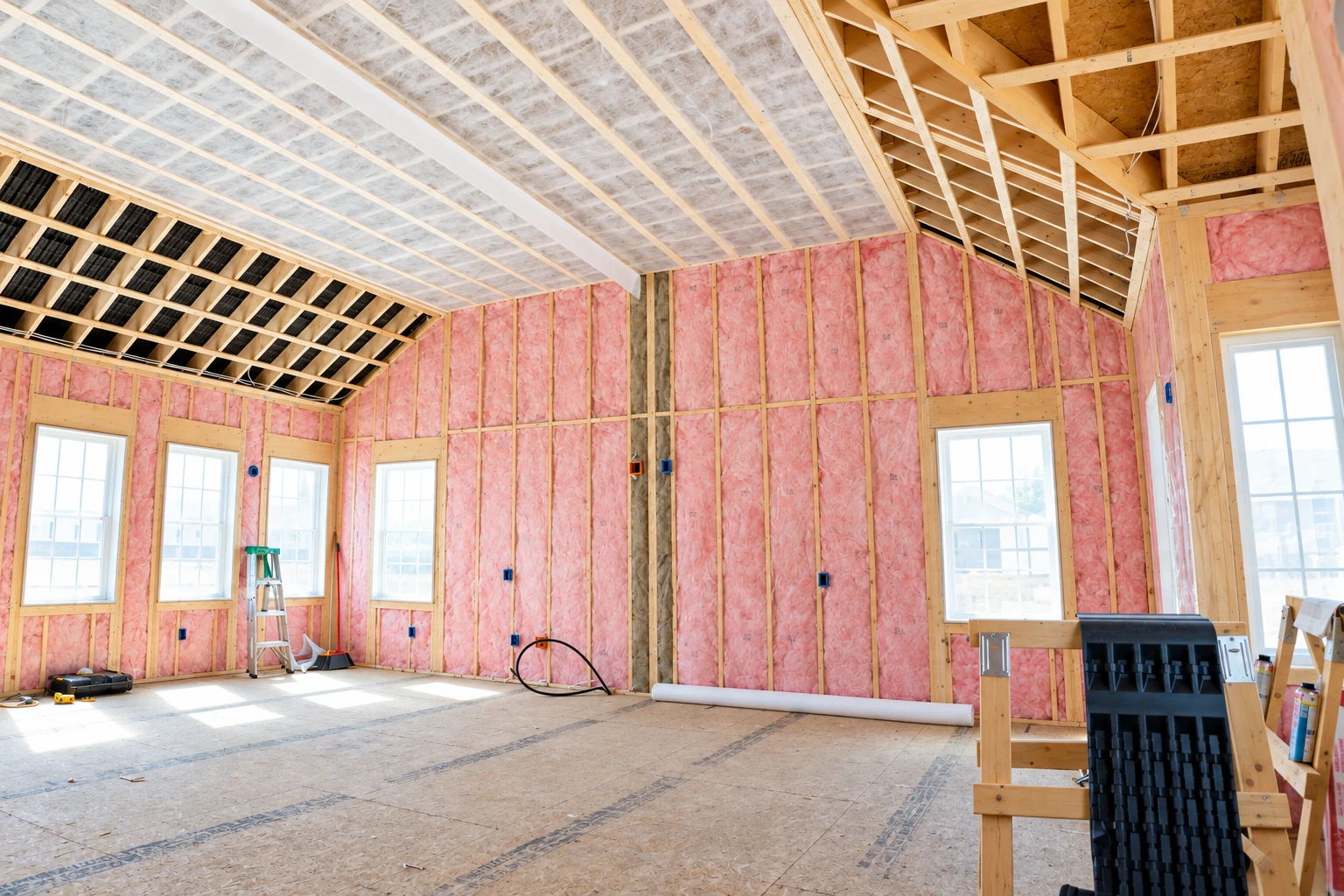 Unfinished room with pink wall insulation and white vapor barrier covering sections of the sloped ceiling.